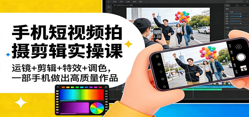 手机短视频拍摄剪辑实操课：运镜+剪辑+特效+调色，一部手机做出高质量作品-迦哆网创社