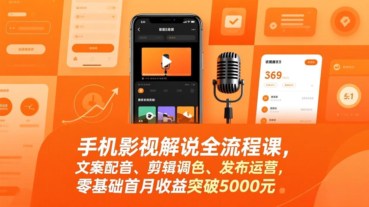 手机影视解说全流程课，文案配音、剪辑调色、发布运营，零基础首月收益突破5000元-迦哆网创社