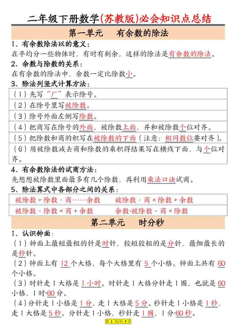 二年级下数学必会知识汇总《苏教版》-迦哆网创社