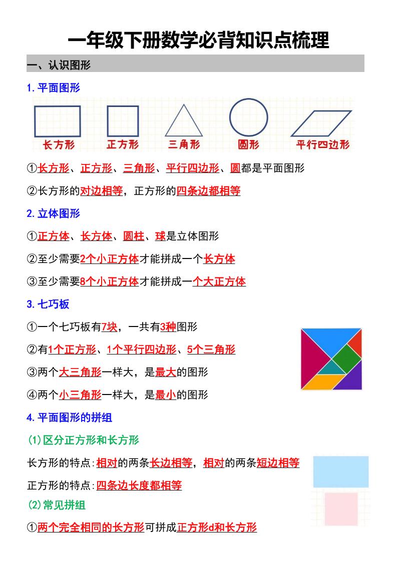 一年级下数学必背知识点梳理-迦哆网创社