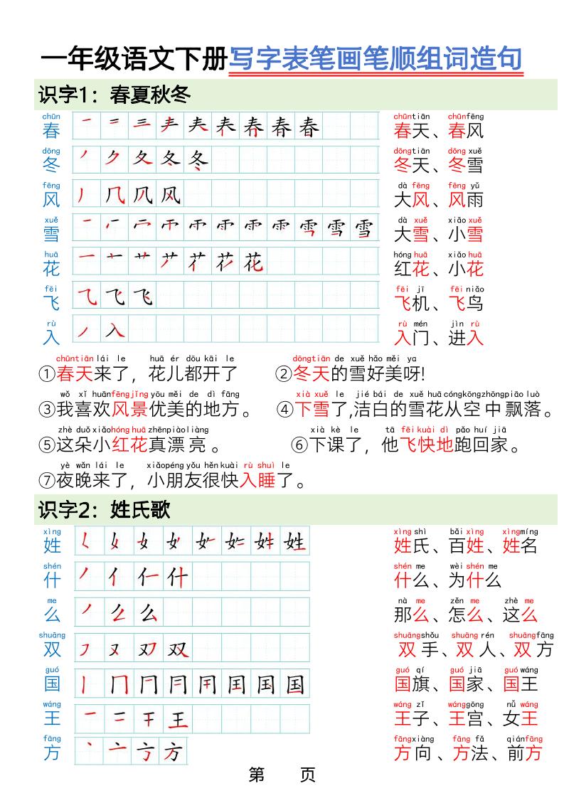 一年级下语文写字表笔画笔顺组词造句-迦哆网创社