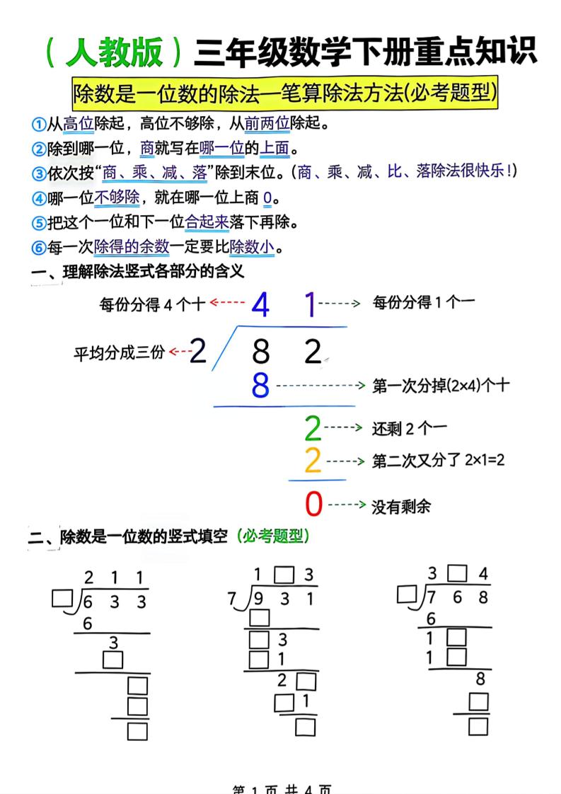 三年级下数学除数是一位数的除法—笔算除法方法(必考题型)《人教版》-迦哆网创社