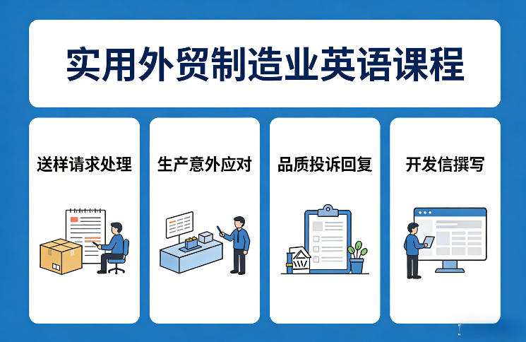 实用外贸制造业英语课程，教你专业处理送样请求、应对生产意外、回复品质投诉、撰写开发信等-迦哆网创社