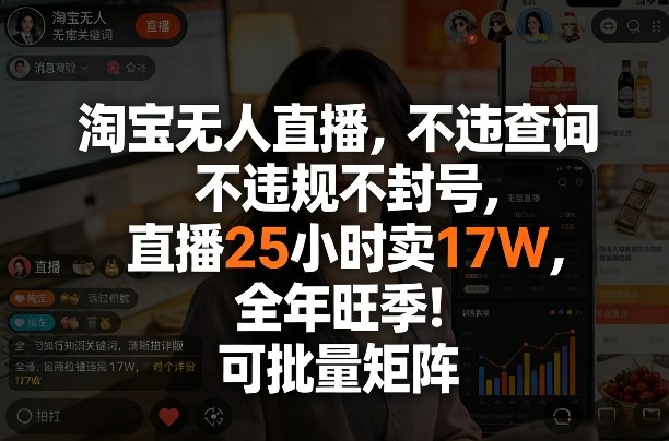 淘宝无人直播，不违规不封号，直播25小时卖17W，全年旺季！可批量矩阵【揭秘】-迦哆网创社