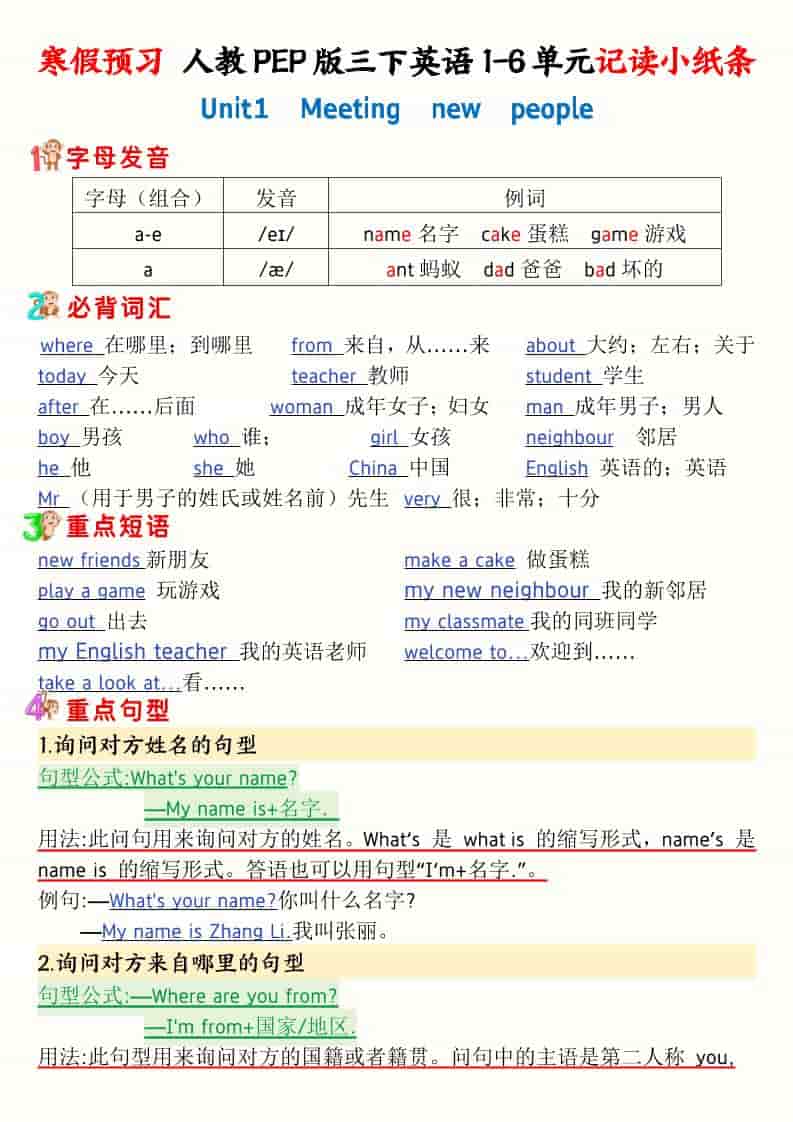 三年级下英语寒假预习1-6单元记读小纸条《人教版PEP》-迦哆网创社