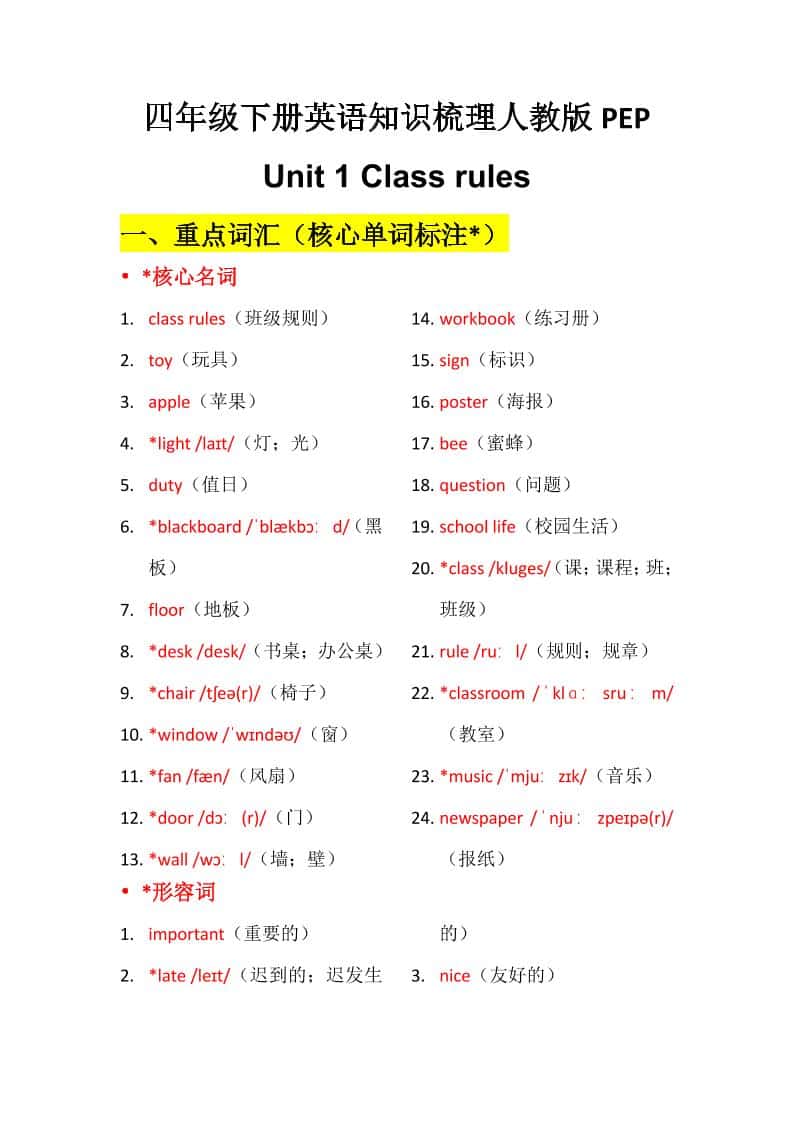 四年级下英语Unit1知识梳理+默写单《人教版PEP》-迦哆网创社