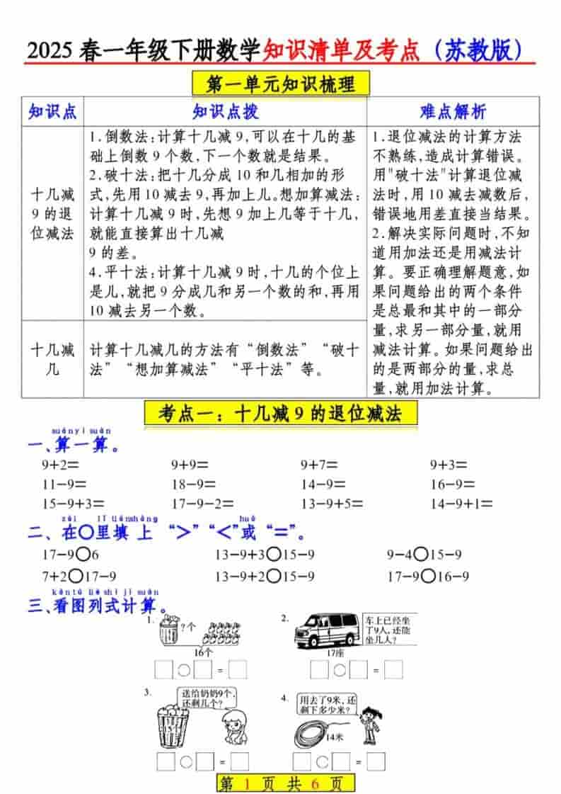 一年级下数学知识清单及考点《苏教版》（衔接版）-迦哆网创社
