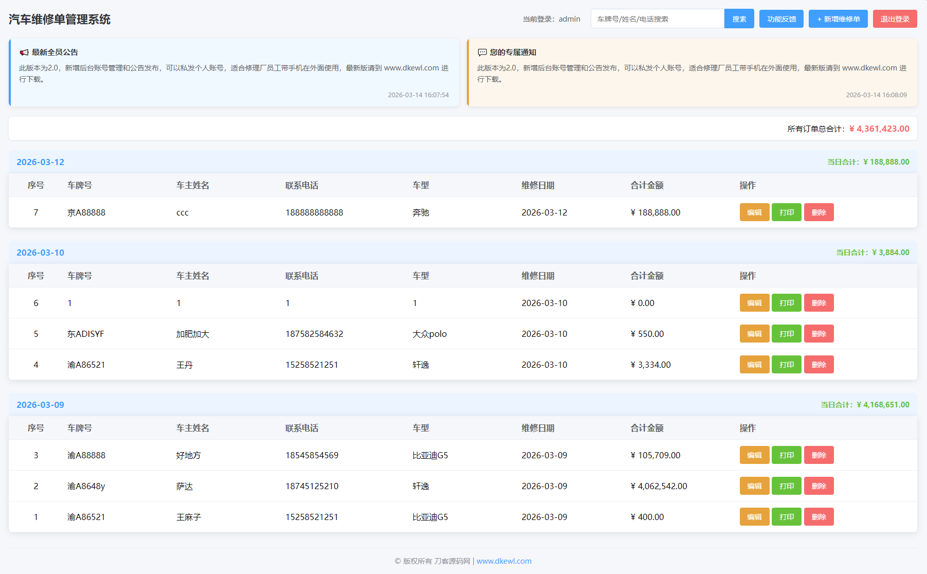 汽修单管理系统源码-迦哆网创社