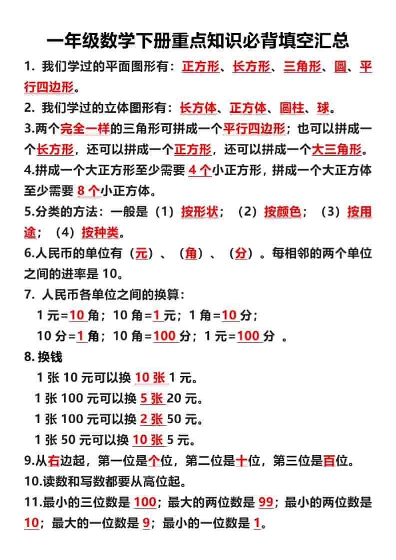 一年级下数学重点必背填空汇总-迦哆网创社