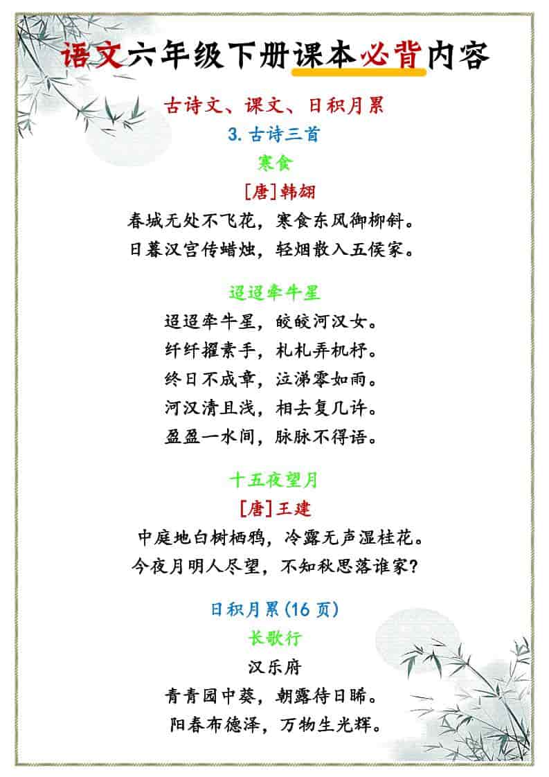 六年级下语文课本必背内容-迦哆网创社
