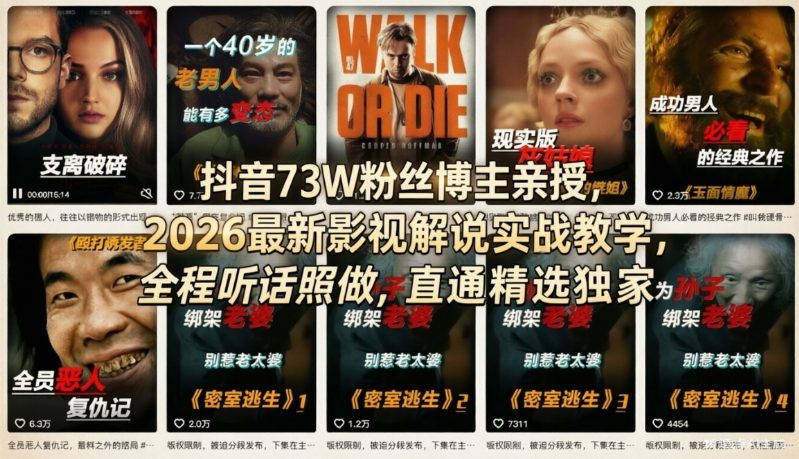 抖音73W粉丝博主亲授，2026最新影视解说实战教学，全程听话照做，直通精选独家-迦哆网创社