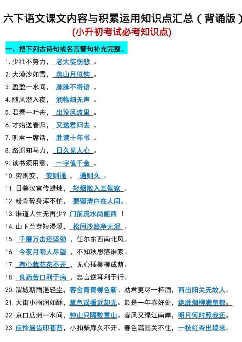 六年级下语文小升初期末必考知识点-迦哆网创社