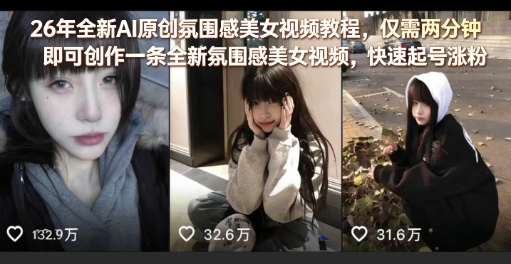 26年全新AI原创氛围感美女视频教程，仅需两分钟即可创作一条全新氛围感美女视频，快速起号涨粉-迦哆网创社