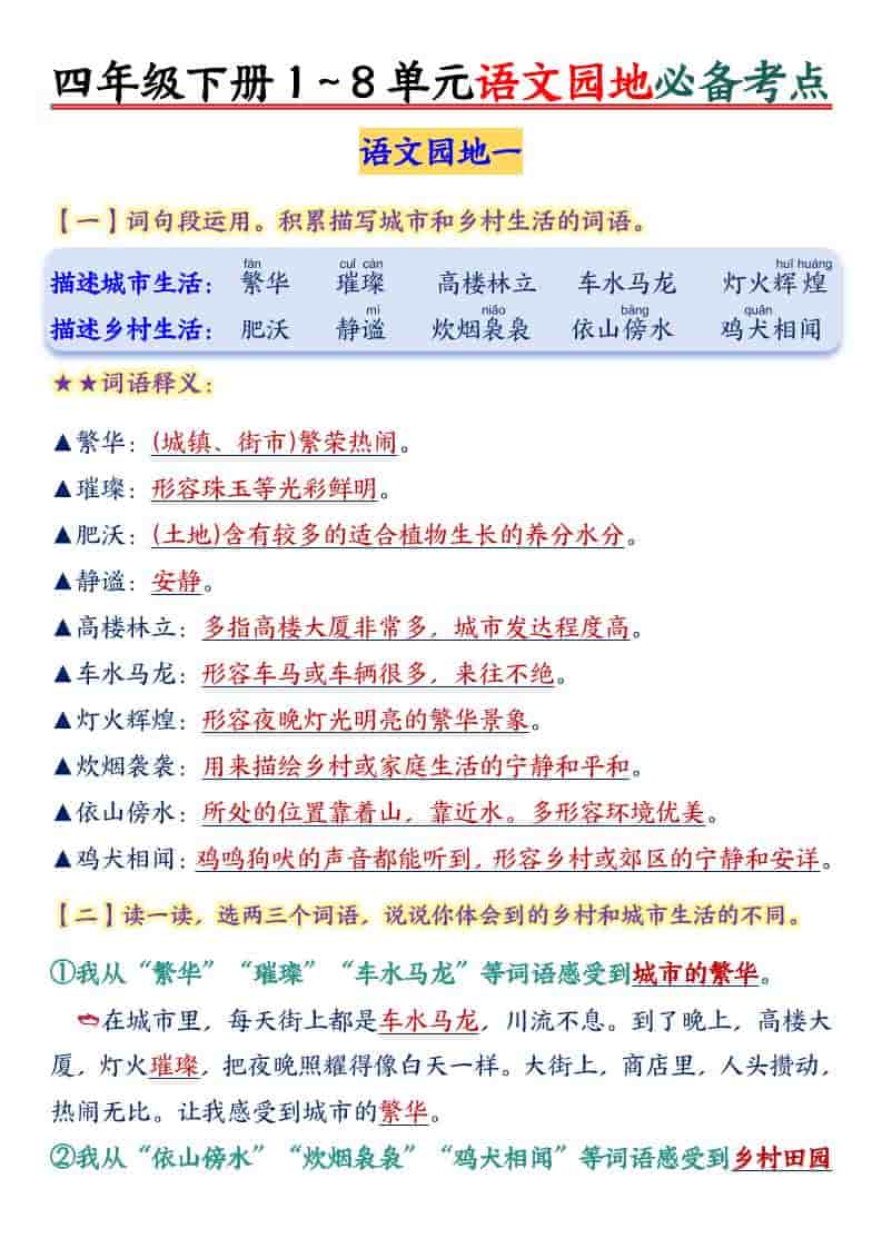 四年级下语文园地1-8单元必备考点-迦哆网创社