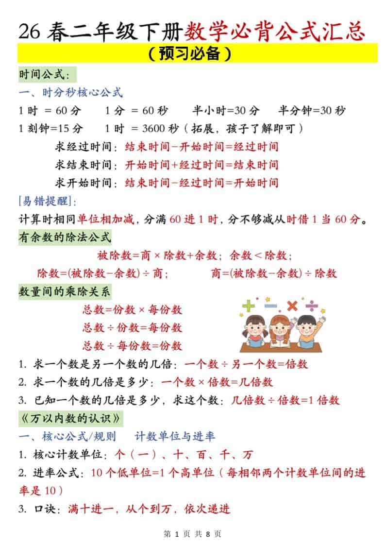 二年级下数学必背公式汇总《人教版》-迦哆网创社