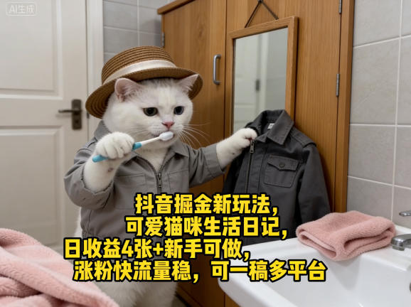 抖音掘金新玩法，可爱猫咪生活日记，日收益4张+新手可做，涨粉快流量稳，可一稿多平台-迦哆网创社