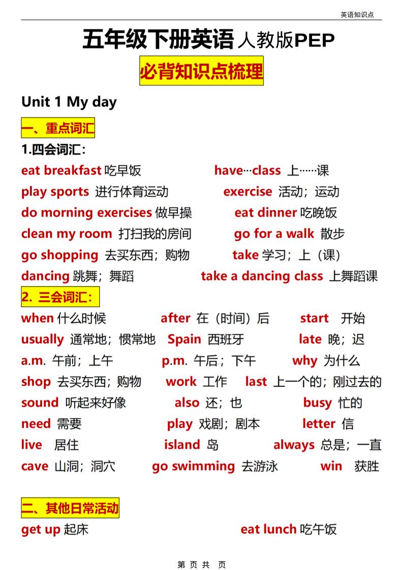 五年级(下）英语全册知识点汇总《人教版PEP》-迦哆网创社