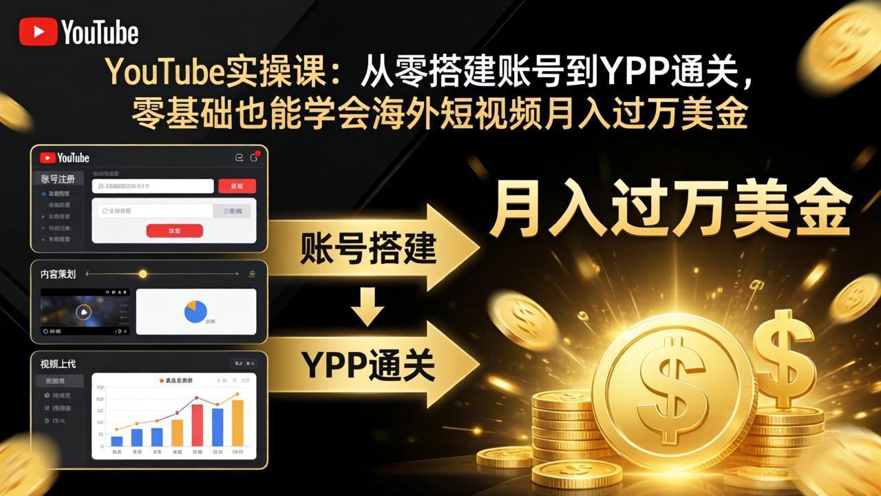 YouTube实操课：从零搭建账号到YPP通关，零基础也能学会海外短视频月入过万美金-迦哆网创社