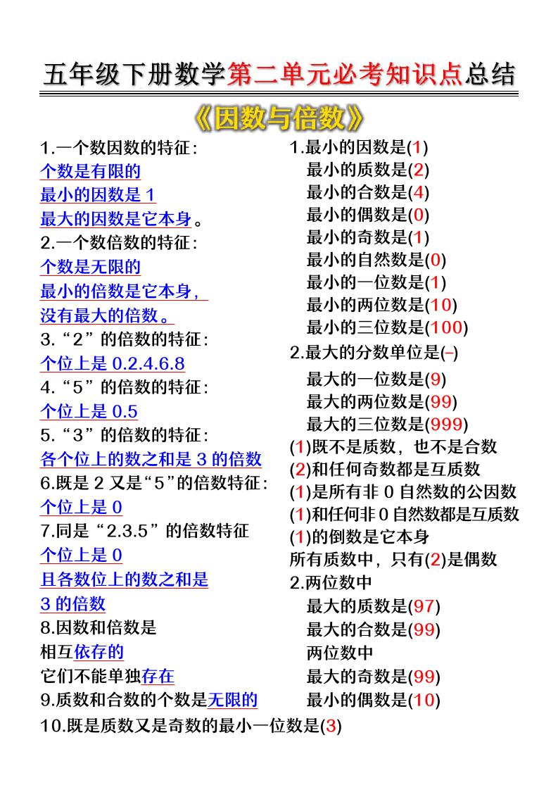 五年级下数学第二单元必考知识点总结-迦哆网创社