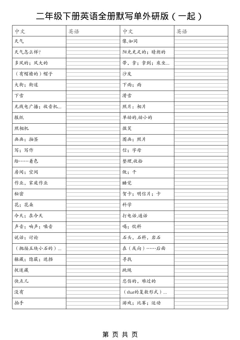 二年级下英语全册默写单（看中写英）《外研版（一起）》-迦哆网创社