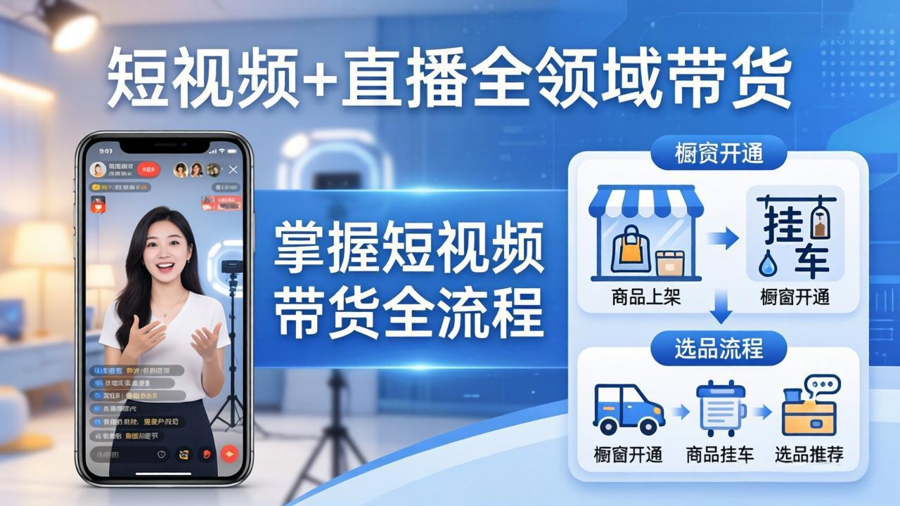 短视频+直播全领域带货-更新：掌握橱窗开通、挂车、选品、爆款文案改编等短视频带货全流程-迦哆网创社