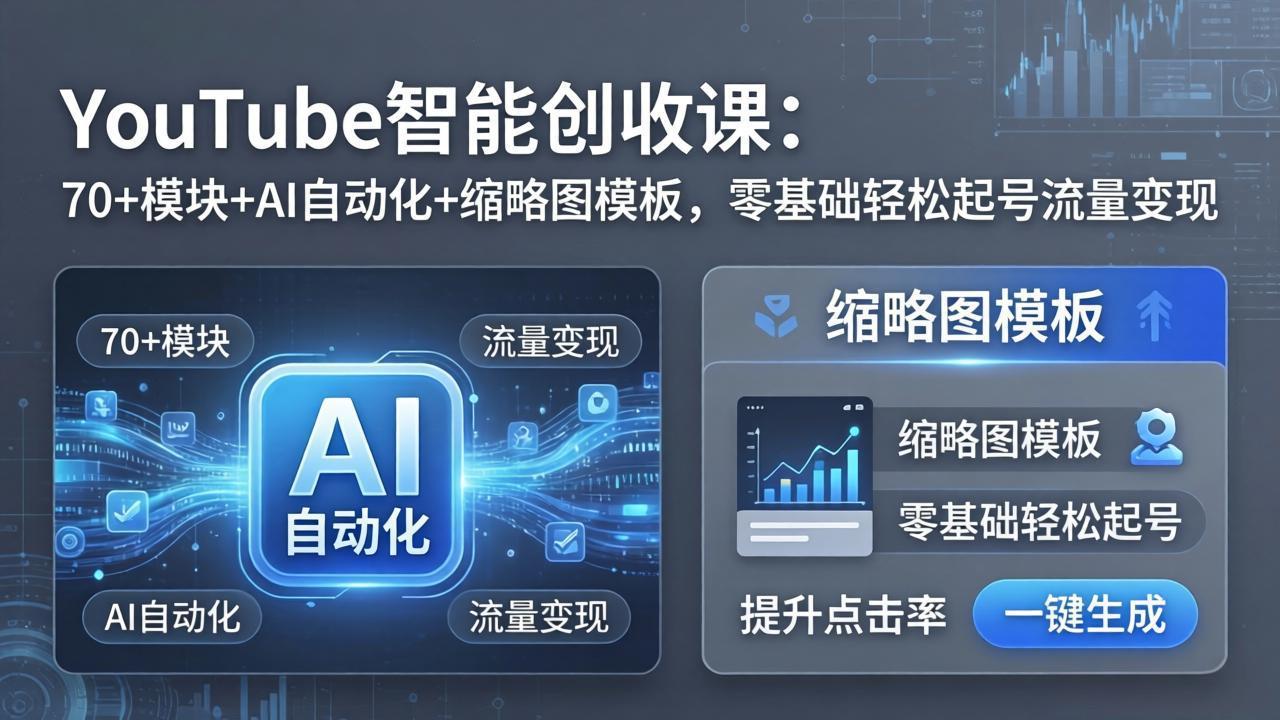 YouTube智能创收课:70+模块+AI自动化+缩略图模板,零基础轻松起号流量变现-迦哆网创社