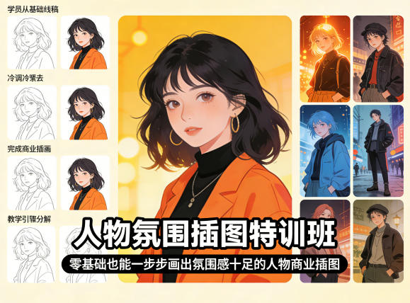 人物氛围插图特训班，零基础也能一步步画出氛围感十足的人物商业插图-迦哆网创社