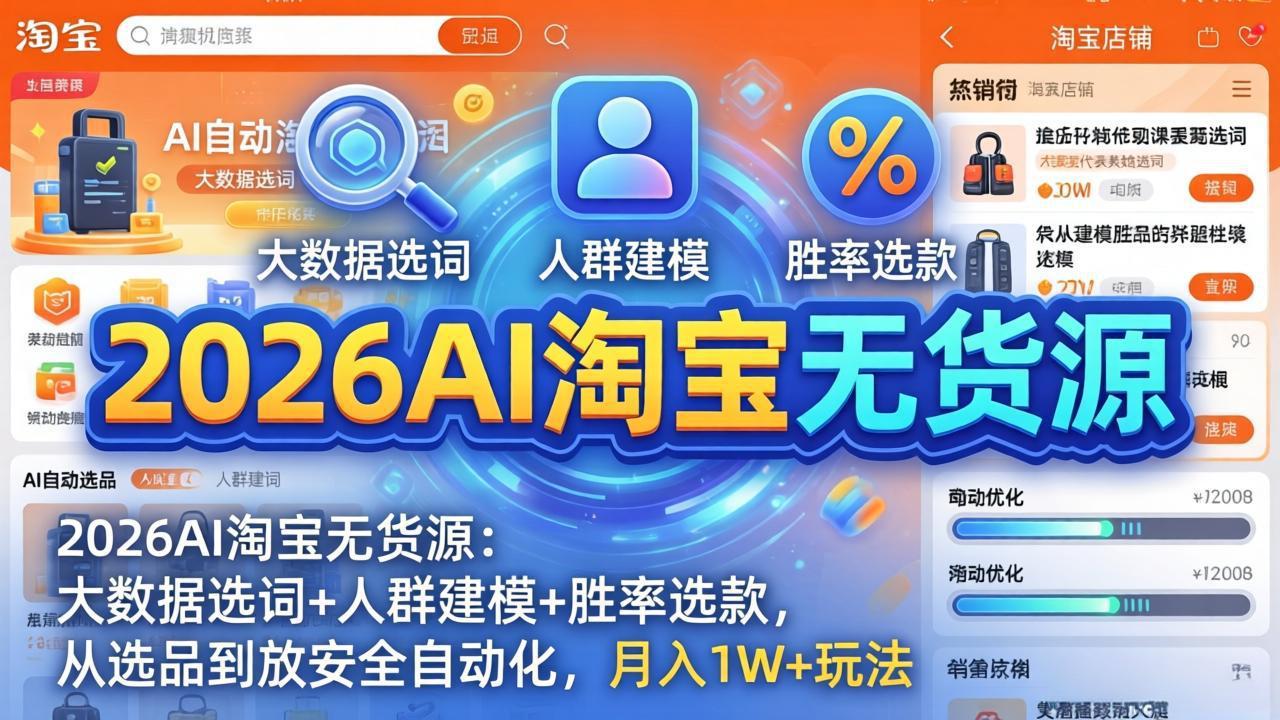 2026AI淘宝无货源-4月更新：大数据选词+人群建模+胜率选款，从选品到放大全自动化，月入1W+玩法-迦哆网创社