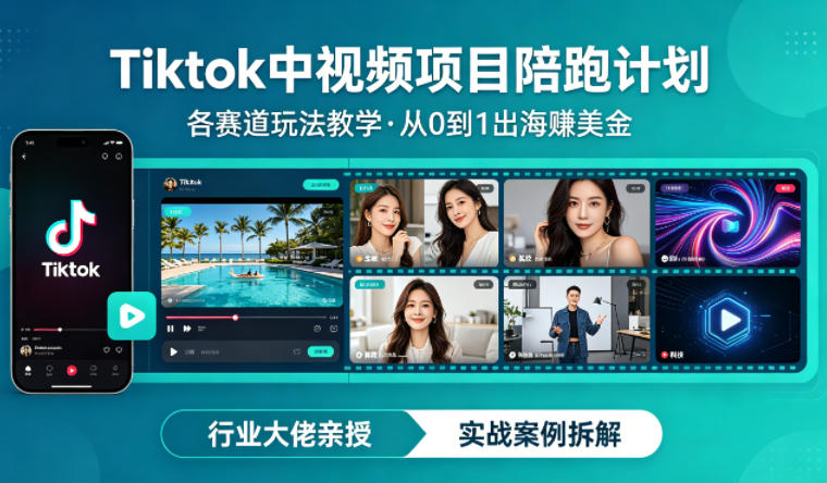 某大佬的Tiktok中视频项目陪跑，涵盖TK各个赛道玩法教学，从0到1出海賺美金-迦哆网创社