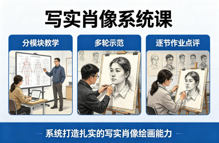 写实肖像系统课，全程分模块教学+多轮示范+逐节作业点评，系统打造扎实的写实肖像绘画能力-迦哆网创社