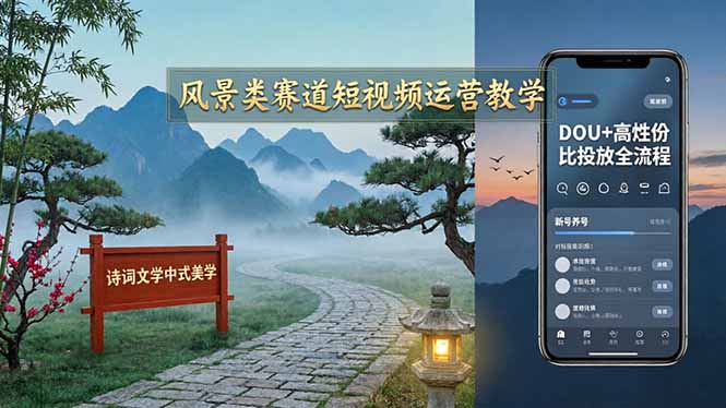 风景类赛道短视频运营教学：诗词文学中式美学，新号养号对标账号定位，DOU+高性价比投放全流程-迦哆网创社