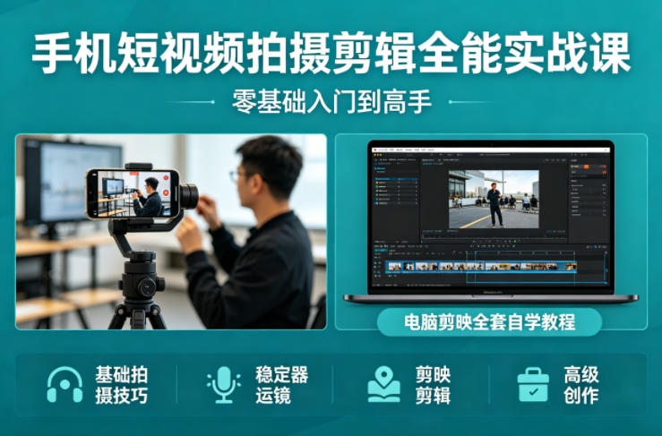 手机短视频拍摄剪辑全能实战课：零基础入门到高手，稳定器运镜+电脑剪映全套自学教程-迦哆网创社