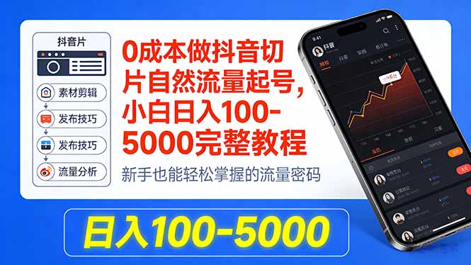 0成本做抖音切片自然流量起号，小白日入100-5000完整教程-迦哆网创社