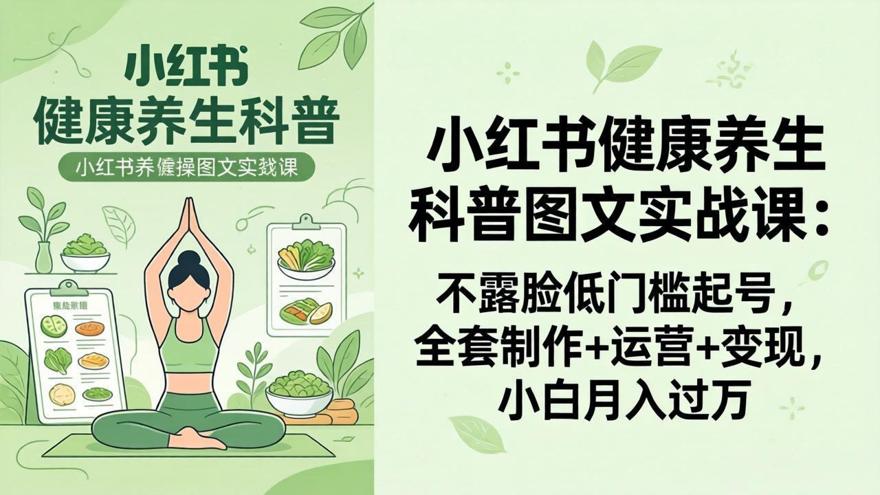 2026小红书健康养生科普图文实战课：不露脸低门槛起号，全套制作+运营+变现，小白月入过万-迦哆网创社