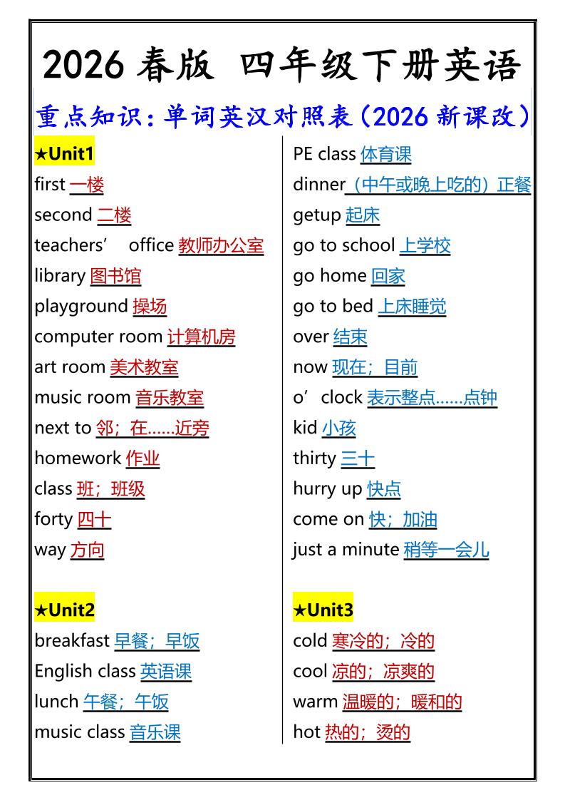 2026春新版四年级下英语重点知识：单词英汉对照表《人教版PEP》-迦哆网创社