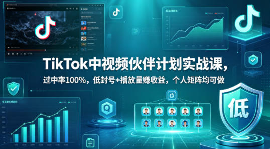 TikTok中视频伙伴计划实战课，过中率100%，低封号+播放量賺收益，个人矩阵均可做-迦哆网创社