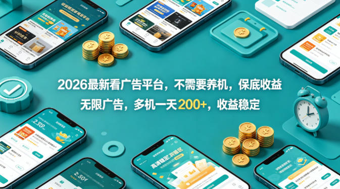2026最新看广告平台，不需要养机，保底收益，无限广告，多机一天200+，收益稳定【揭秘】-迦哆网创社