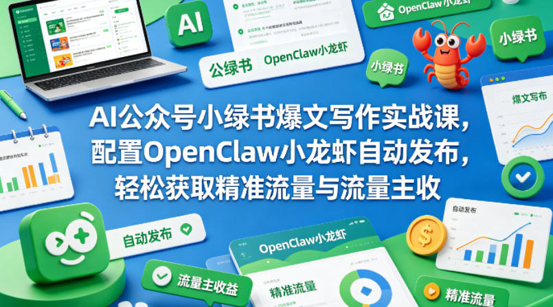 AI公众号小绿书爆文写作实战课，配置OpenClaw小龙虾自动发布，轻松获取精准流量与流量主收益-迦哆网创社