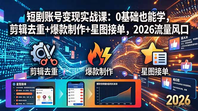 短剧账号变现实战课：0基础也能学，剪辑去重+爆款制作+星图接单，2026流量风口-迦哆网创社