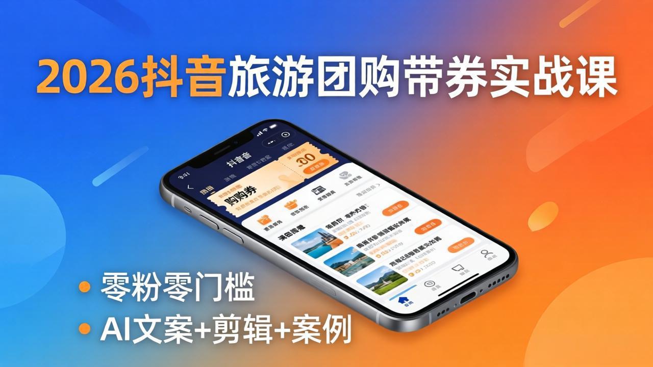 2026抖音旅游团购带券实战课：零粉零门槛，AI文案+剪辑+案例，躺着赚门票佣金-迦哆网创社