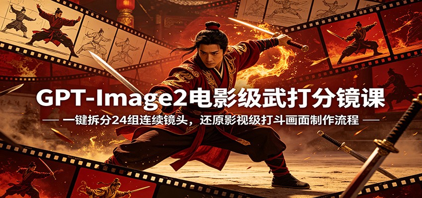 GPT-Image2电影级武打分镜课：一键拆分24组连续镜头，还原影视级打斗画面制作流程-迦哆网创社