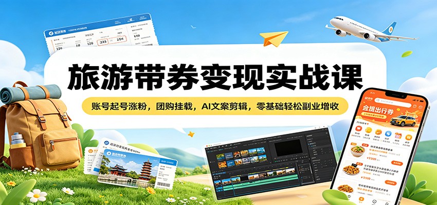 旅游带券变现实战课：账号起号涨粉，团购挂载，AI文案剪辑，零基础轻松副业增收-迦哆网创社