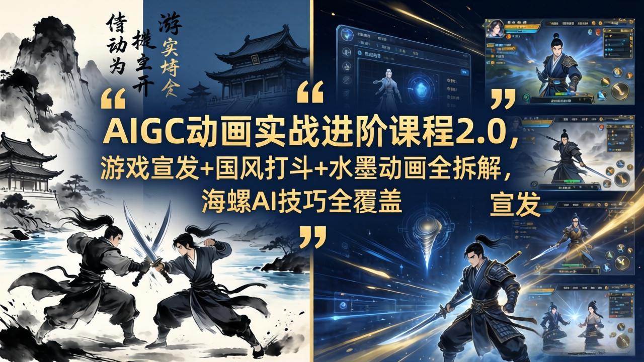 AIGC动画实战进阶课程2.0，游戏宣发+国风打斗+水墨动画全拆解，海螺AI技巧全覆盖-迦哆网创社