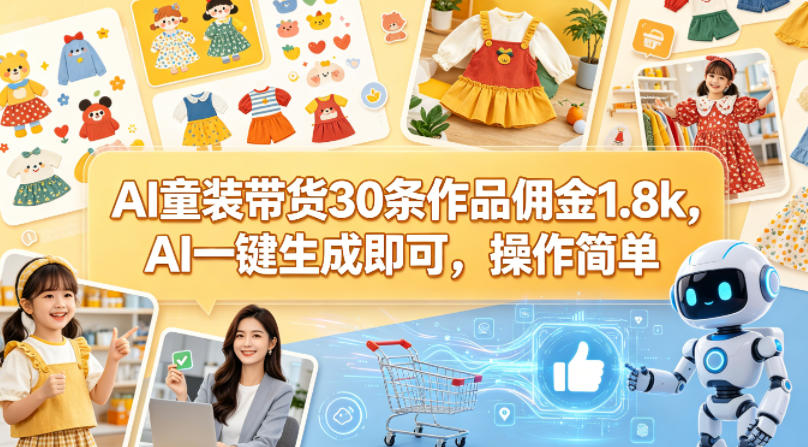 AI童装带货30条作品佣金1.8k，AI一键生成即可，操作简单-迦哆网创社