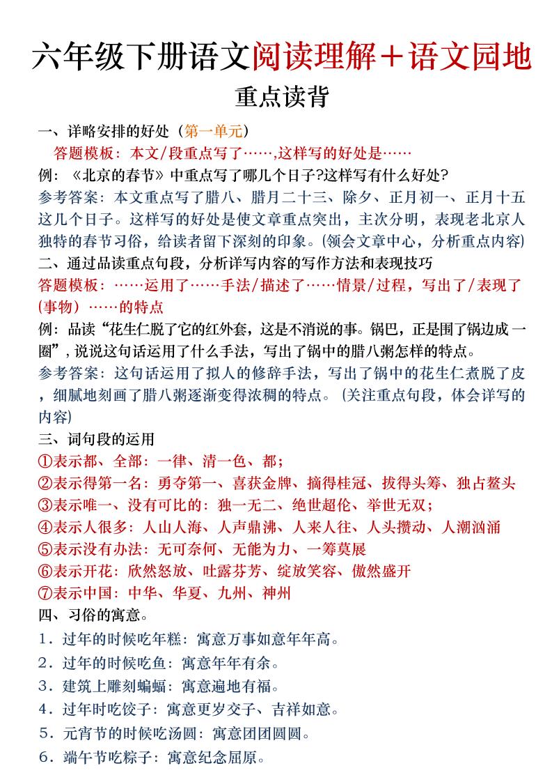 六年级下语文阅读理解＋语文园地专题-迦哆网创社