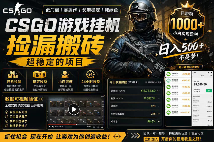 CSGO游戏搬砖，全自动挂G，不需要玩游戏，手机操作日入300+，解放双手【揭秘】-迦哆网创社