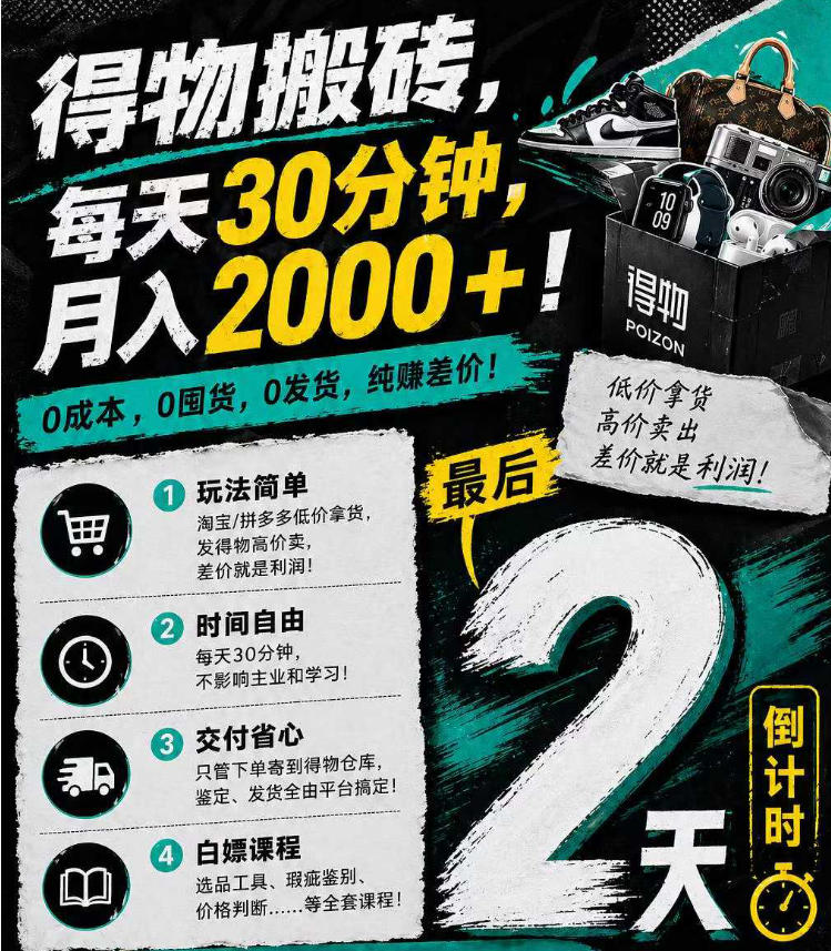 得物搬砖，0成本起步每天30分钟，月入2000+，0成本，0囤货，0发货，纯賺差价-迦哆网创社