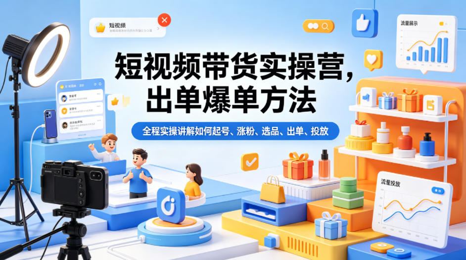 短视频带货实操营，出单爆单方法，全程实操讲解如何起号、涨粉、选品、出单、投放-迦哆网创社