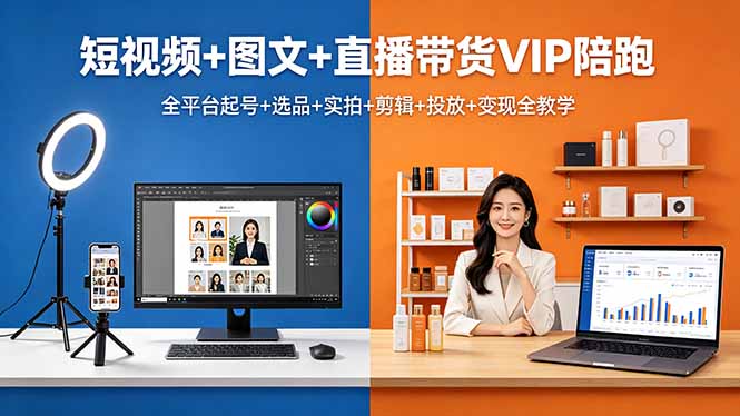 短视频+图文+直播带货VIP陪跑，全平台起号+选品+实拍+剪辑+投放+变现全教学-迦哆网创社