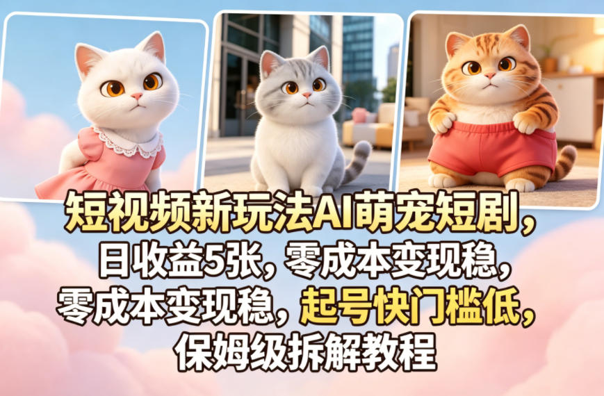 短视频新玩法AI萌宠短剧，日收益5张，零成本变现稳，起号快门槛低，保姆级拆解教程-迦哆网创社
